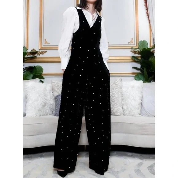 EVA FRANCO brewster jumpsuit in black velvet pearl sizes 4,8